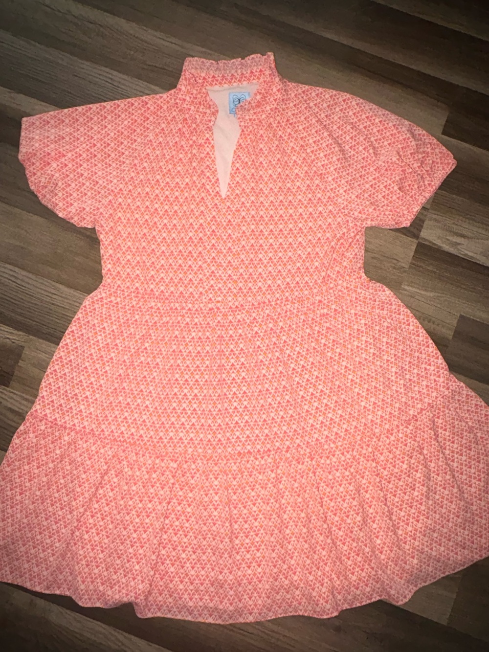 CeCe Womens Puff Sleeve V Neck Babydoll Tiered Dress Coral Geometric Size M